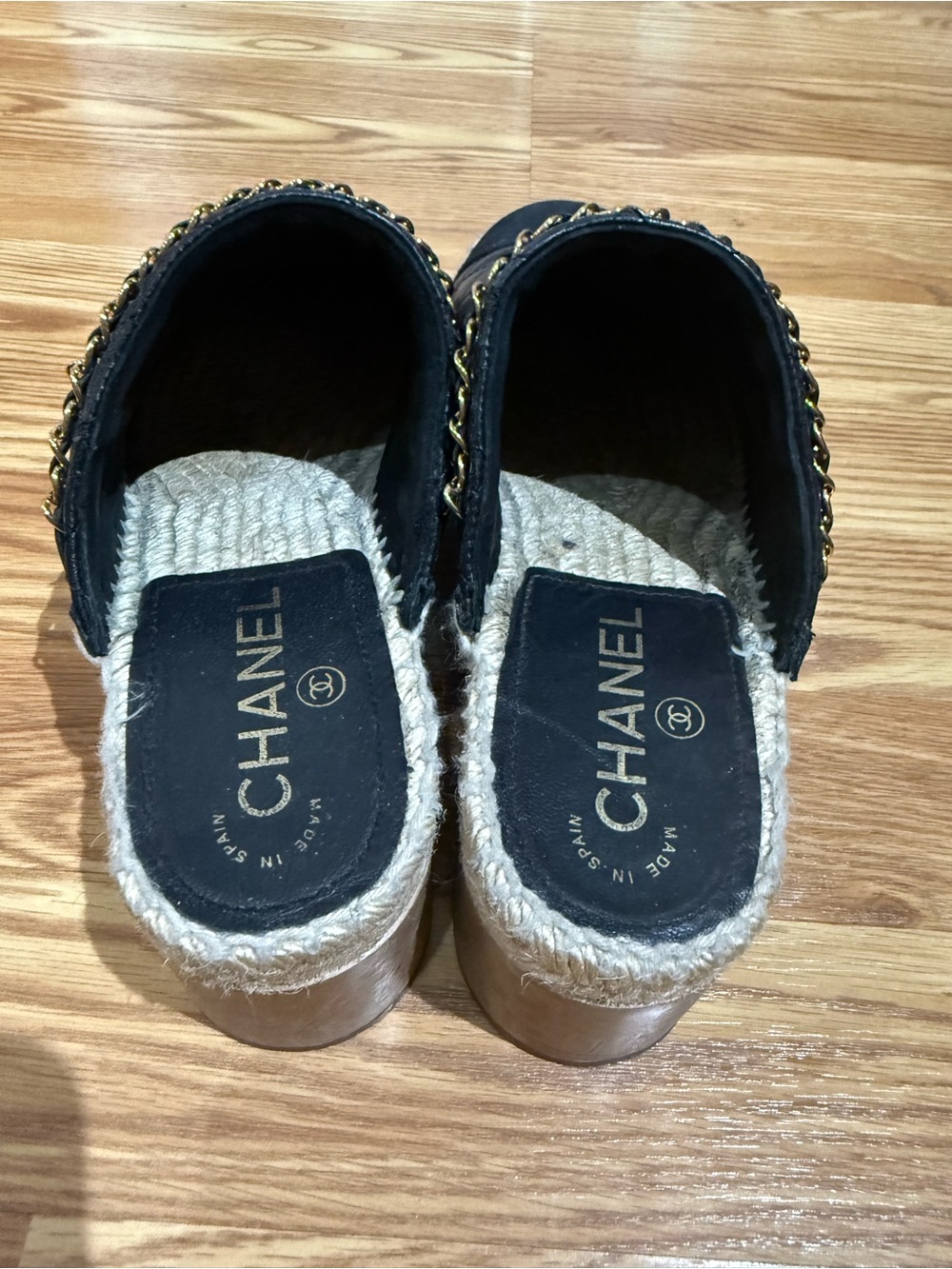 CHANEL Black Leather Espadrille Clog Slide with Gold Chain Trim